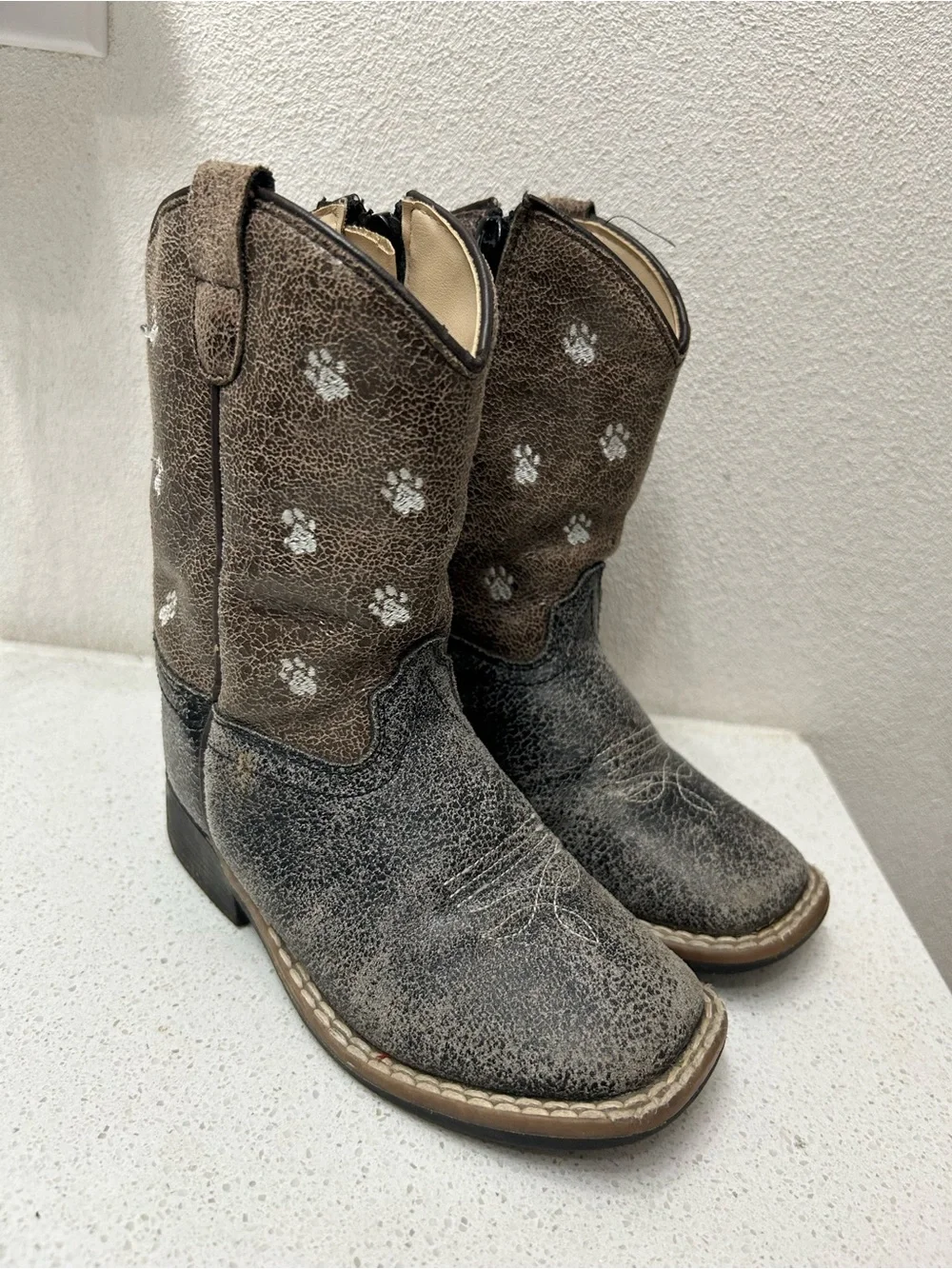 Kids Brown Paw-Print Cowboy Boots